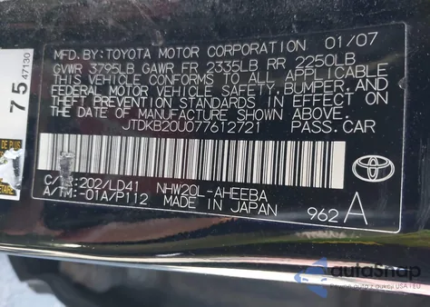 2007 Toyota Prius z USA, uszkodzony, nr VIN JTDKB20U077612721